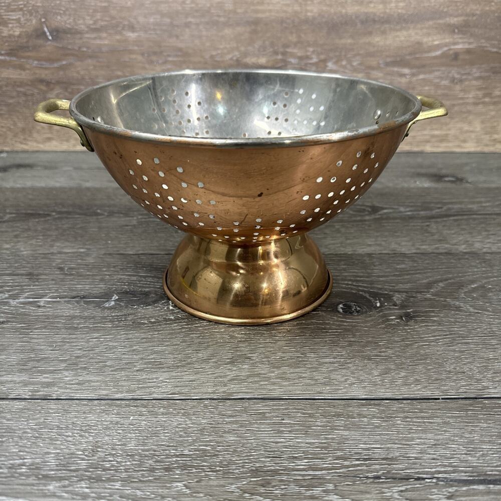 Vintage ODI 9'' Copper Colander Strainer Brass Handles Pedestal Footed Korea